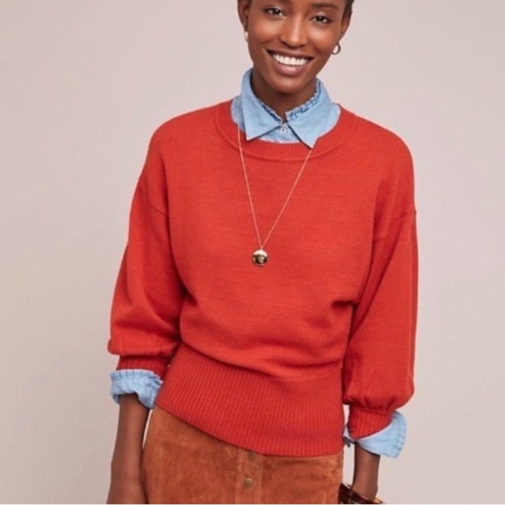 Anthropologie Moth Cabin Burnt Orange Ribbed Balloon Sleeve Sweater | Size XS